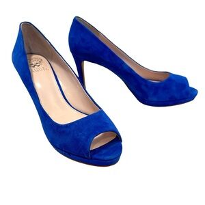 VINCE CAMUTO KRISTI BLUE SUEDE PEEP TOE PUMPS HEELS SIZE 9.5 LEATHER PREPPY BOLD